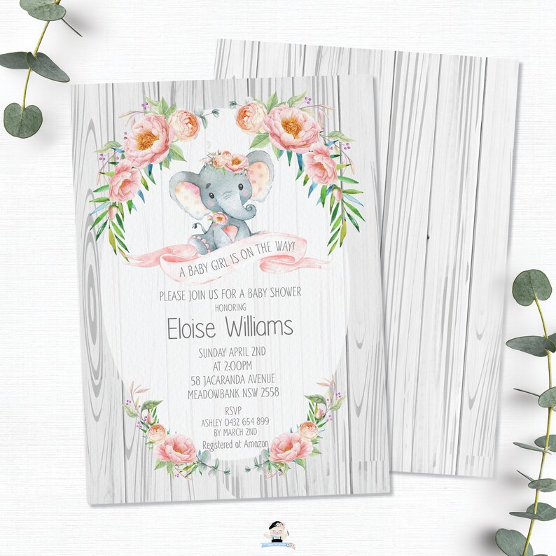 Elephant Baby Shower Invitation, EDITABLE TEMPLATE, Printable Elephant, Baby Girl, Pink Blush Floral, Boho, Rustic, Elephant Invite, EP4 image 2