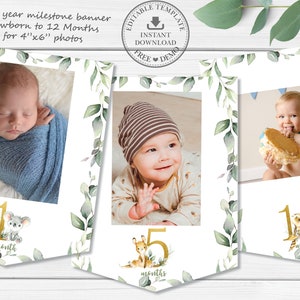 May include: A printable banner for a baby's first year milestone photos. The banner has a green leafy design with gold numbers and animal illustrations. The banner is designed to hold 4x6 inch photos.