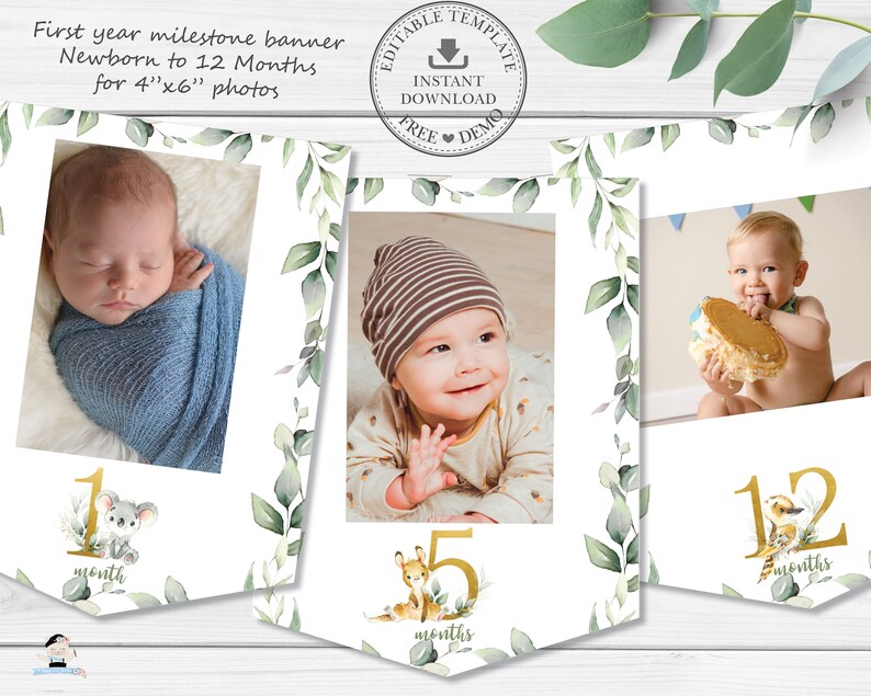May include: A printable banner for a baby's first year milestone photos. The banner has a green leafy design with gold numbers and animal illustrations. The banner is designed to hold 4x6 inch photos.