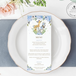 Jungle Animals Menu Printable, EDITABLE TEMPLATE Chic Blue Floral Greenery Boy Girl Baby Shower 1st Birthday Pdf, INSTANT Download, JA9