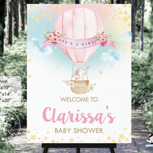 Hot Air Balloon Elephant Welcome Sign, EDITABLE TEMPLATE, Whimsical Baby Shower 1st Birthday Party Poster Decor, INSTANT Download, HB6
