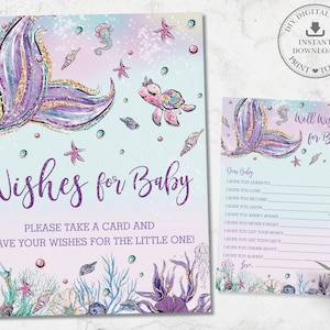 Mermaid Wishes for Baby Card & Sign, Girl Mermaid Tail Baby Shower Activity, Chic Purple Under the Sea Imprimible, PDF INSTANT DOWNLOAD, MT2