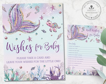Mermaid Wishes for Baby Card & Sign, Girl Mermaid Tail Baby Shower Activity, Chic Purple Under the Sea Druckbar, PDF INSTANT DOWNLOAD, MT2