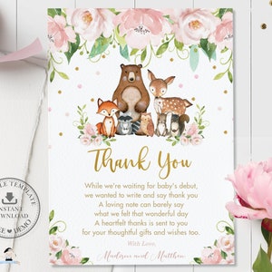 Waldtiere Dankeschön Karte, EDITIERBARE VORLAGE, Pink Blush Floral Wald Mädchen Baby Shower Birthday Party Pdf Datei Printable, INSTANT WG8