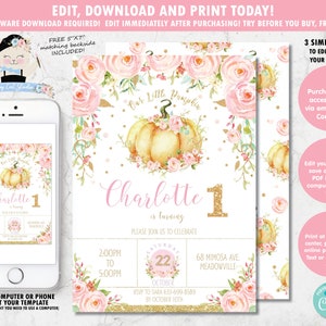 Puede incluir: Plantilla de invitaci&oacute;n digital para un primer cumplea&ntilde;os, con un dise&ntilde;o de calabaza y flores en acuarela. La invitaci&oacute;n incluye el texto "Charlotte cumple 1 a&ntilde;o" y los detalles del evento. Disponible para descarga y edici&oacute;n inmediata.