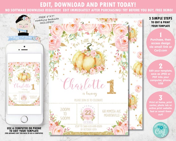 EDITABLE TEMPLATE Little Pumpkin Invitation, 1st Birthday Party, One, First, Watercolor Floral, Pink Gold, Chic, Pumpkin Printable, Girl LP1 Il_570xn
