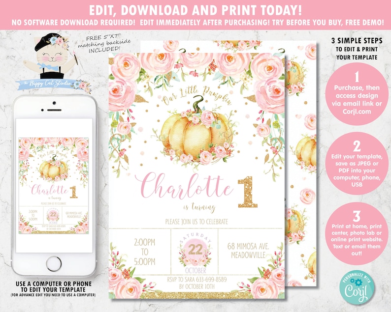 Puede incluir: Plantilla de invitaci&oacute;n digital para un primer cumplea&ntilde;os, con un dise&ntilde;o de calabaza y flores en acuarela. La invitaci&oacute;n incluye el texto "Charlotte cumple 1 a&ntilde;o" y los detalles del evento. Disponible para descarga y edici&oacute;n inmediata.