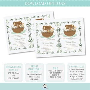 May include: A printable invitation for a baby shower featuring a watercolour illustration of a wooden ark with animals on top. The invitation is decorated with green leaves and has the text "Please join us for a baby shower honouring Katherine Wilson Aug 25, 20XX".