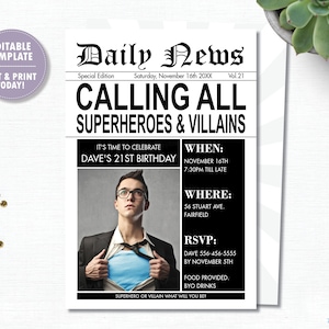 Superhero Invitation, EDITABLE TEMPLATE, Instant Download, Superheroes Printable, Adult Super Hero 21st Birthday Party, Photo Digital, HP2