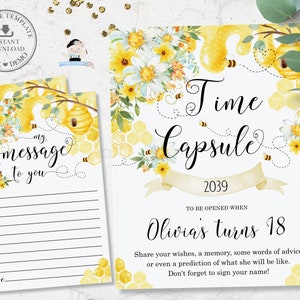 Cute Bees Time Capsule Sign Message Card, EDITABLE TEMPLATE, First 1st Birthday Activity Bee Yellow Floral Honey Printable File INSTANT BB1