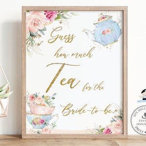 Devinez combien de thé pour la future mariée signe TÉLÉCHARGEMENT INSTANTANÉ vintage théière tasses rose blush floral high tea party nuptiale douche imprimable TP5