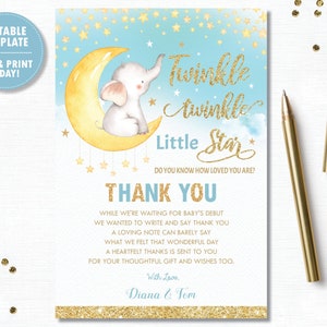 Twinkle Twinkle Little Star Baby Shower Bedankkaart, Baby Boy, Blue Twinkle Star Baby Strooi Bedankt, Olifant Afdrukbaar, BEWERKBAAR, TS1