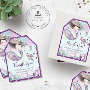 Sirène faveur Tags imprimable, modèle modifiable, lunatique sous la mer brun cheveux brune, fille bébé douche anniversaire, violet paillettes, MT2
