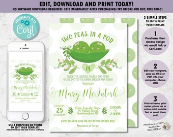 Two Peas in a Pod Baby Shower Invitation, Twin Girls Peas in a Pod Baby Shower Invite, Girls Baby Shower, INSTANT EDITABLE TEMPLATE Corjl