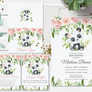 Pacote de convites para chá de bebê com panda floral rosa e verde, MODELO EDITÁVEL, Obrigado, Sorteio de fraldas, Livros para bebês, Download INSTANTÂNEO, PA2