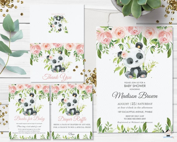 Pink Floral Greenery Panda Baby Shower Invitation Bundle, EDITABLE TEMPLATE, Thank You, Diaper Raffle, Books for Baby, INSTANT Download, PA2 Il_570xn
