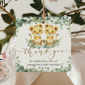 Verdure jumeaux garçons lionceaux Merci étiquettes autocollant imprimable MODÈLE MODIFIABLE Jumeaux mignons Jungle Safari 1er anniversaire baby shower LN3