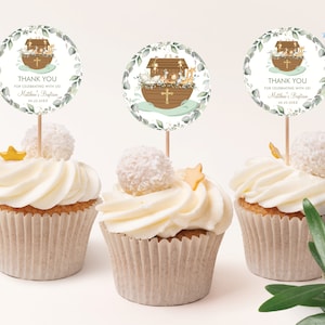 BEWERKBARE SJABLOON Noah's Ark 2" Cirkel Tags, Doop Doop Verjaardag Groen Dieren Dank U Sticker Gunsten Cupcake Afdrukbaar, NA1
