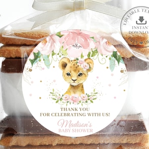 PLANTILLA EDITABLE Cachorro de León Rosa Floral 2" Etiquetas Circulares, Animales de la Selva Gracias Pegatina Favores Imprimibles, Baby Shower, Bautismo de Cumpleaños, LN2