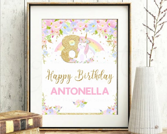 Unicorn Birthday Welcome Sign, 1st Birthday, First, Any Age, Personalized, Kids Nursery Room Decor, Wall, Poster, Pastel, Printable, Rainbow Il_570xn