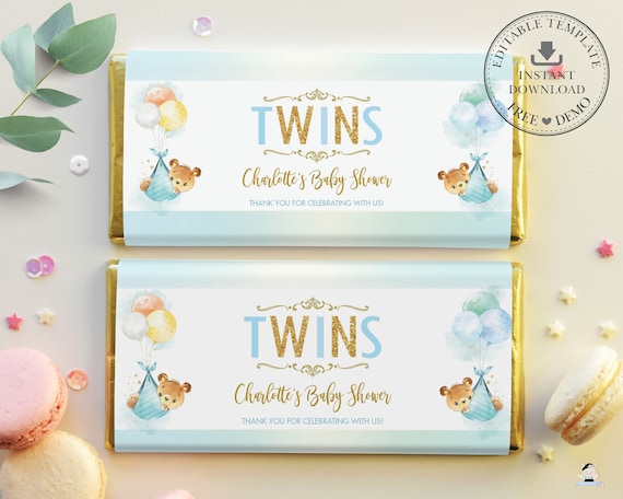 Twins Teddy Bears Chocolate Bar Wrapper, Candy Bar Aldi Hershey's, Twin Boys Baby Shower Favors, INSTANT Download, EDITABLE TEMPLATE, TB5 Il_570xn