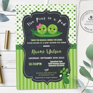 May include: A green and white baby shower invitation with a chalkboard background. The invitation features two peas in a pod with the text "Two Peas in a Pod" and "Twice the Giggles, Double the Grins". The invitation also includes the text "You're invited to a baby shower for twins!" and "Honoring Naomi Watson".