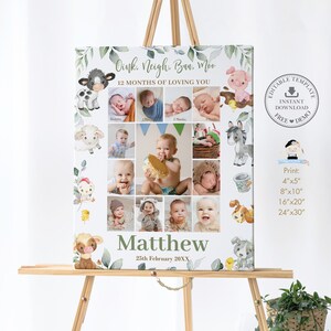 Farm Animals Greenery First Year Photo Collage, EDITABLE TEMPLATE, Diy 1st Birthday Milestone Sign Printable, Decor, INSTANT Download, BY5