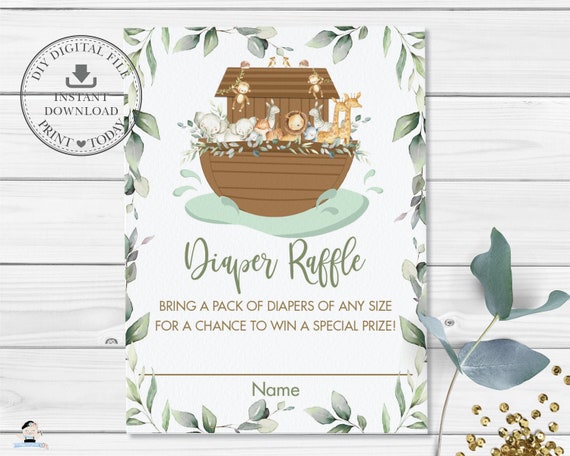 Noah's Ark Greenery Diaper Raffle Card, INSTANT DOWNLOAD, Noahs Arc Cute Animals Baby Shower Insert Ticket Printable, INSTANT Download, NA1 Il_570xn