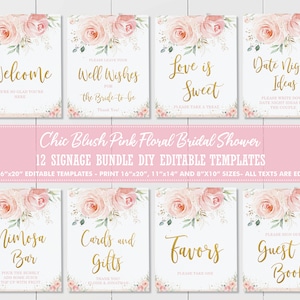 Paquete de letreros de mesa de ducha nupcial floral rubor, PLANTILLA EDITABLE, rosas rosas flores tarjetas de bienvenida regalos imprimibles, descarga INSTANTÁNEA PK5
