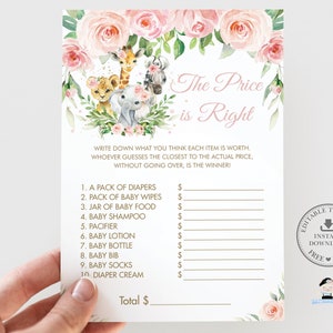 May include: A printable "The Price is Right" baby shower game with a pink floral border and a watercolor illustration of a giraffe, zebra, lion, and elephant. The game asks guests to guess the price of various baby items.