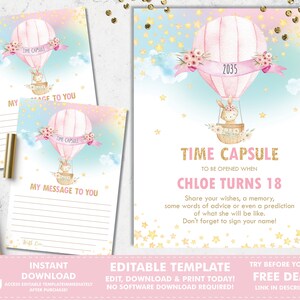 Bunny hete luchtballon tijdcapsule poster teken en berichtkaart, 1e eerste verjaardagsfeestactiviteit, afdrukbaar bestand, BEWERKBARE SJABLOON, HB6