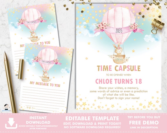 Bunny Hot Air Balloon Time Capsule Poster Sign And Message Card 1st First Birthday Party Activity Printable File Editable Template Hb6 By The Happy Cat Studio Catch My Party
