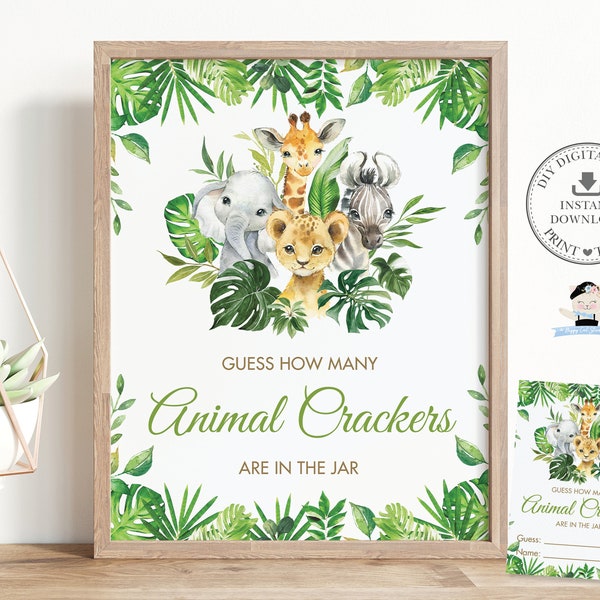 Guess How Many Animal Crackers are in the Jar Game, INSTANT DOWNLOAD, Greenery Jungle Animals Baby Shower Fun Activity Diy PDF Printable JA7