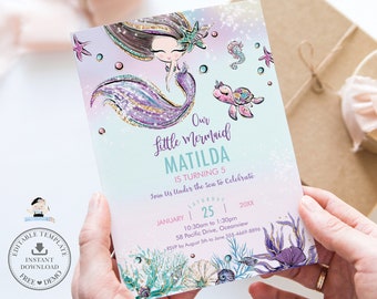 Invitación de sirena, PLANTILLA EDITABLE, Sirenita linda imprimible, Invitación a fiesta en la piscina bajo el mar, Ocean Diy Pdf, Descarga INSTANTÁNEA, MT2