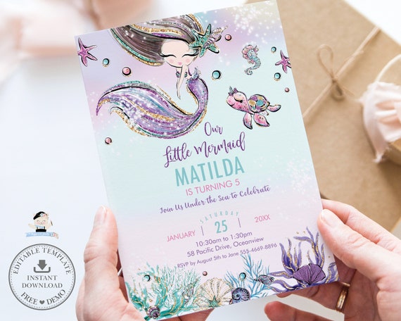 Mermaid Invitation, EDITABLE TEMPLATE, Cute Little Mermaid Printable, Pool Party Under the Sea Invite, Ocean Diy Pdf, INSTANT Download, MT2 Il_570xn