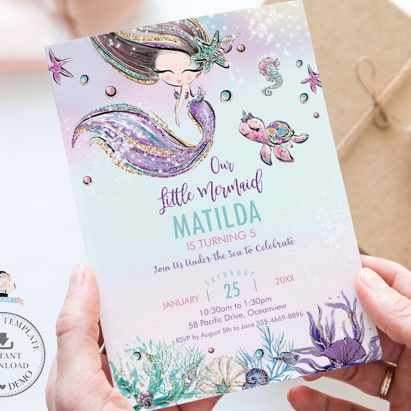 Mermaid Invitation, EDITABLE TEMPLATE, Cute Little Mermaid Printable, Pool Party Under the Sea Invite, Ocean Diy Pdf, INSTANT Download, MT2