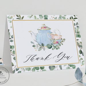 Eucalyptus Greenery Tea Party Tente pliée Carte de remerciement, TÉLÉCHARGEMENT INSTANTANÉ, Royal High Tea Bridal Baby Shower Anniversaire Imprimable, TP6
