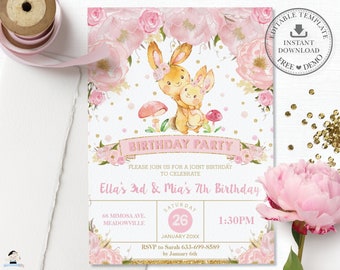 Bunny Joint Birthday Invitation, EDITABLE TEMPLATE, Siblings Sisters Invitation, Rabbit Printable, Pink Floral, Pdf INSTANT Download, BR1