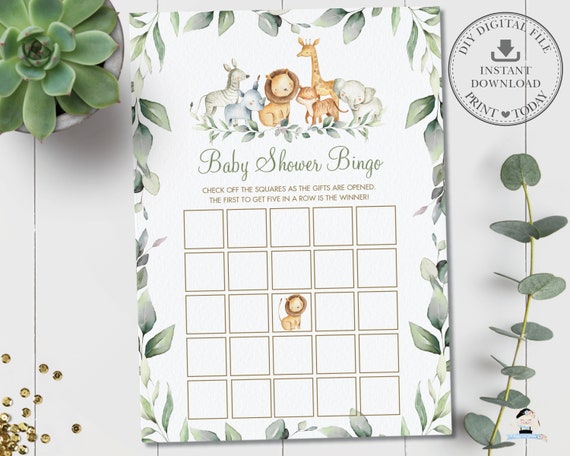 Jungle Animals Baby Bingo, INSTANT DOWNLOAD, Rustic Chic Greenery Forest Neutral Boy Girl Baby Shower Game Activity, Diy PDF Printable, JA5 Il_570xn