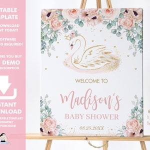 Schwanenprinzessin Willkommensschild, EDITIERBARE VORLAGE, Chic Blush Pink Floral Greenery Baby Shower Geburtstag Poster Dekoration, SOFORTIGER Download, SW2