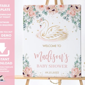 Swan Princess Welcome Sign, EDITABLE TEMPLATE, Chic Blush Pink Floral Greenery Baby Shower Birthday Poster Decoration, INSTANT Download, SW2 image 1