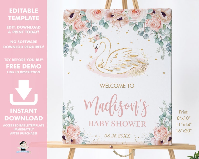 Swan Princess Welcome Sign, EDITABLE TEMPLATE, Chic Blush Pink Floral Greenery Baby Shower Birthday Poster Decoration, INSTANT Download, SW2 image 1