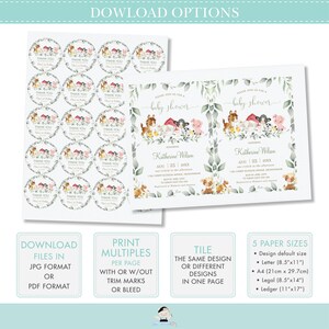 Op de afbeelding: Printbare babyshower-uitnodiging en bedankkaartjes met een aquarel-illustratie van boerderijdieren, waaronder een varken, een koe, een paard en een schaap, omringd door groene bladeren en roze bloemen. De tekst op de uitnodiging luidt "Wordt u uitgenodigd voor een babyshower" en bevat de naam "Katherine Wilson" en de datum "Aug 25, 20XX". De bedankkaartjes zeggen "Bedankt".