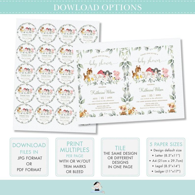 Op de afbeelding: Printbare babyshower-uitnodiging en bedankkaartjes met een aquarel-illustratie van boerderijdieren, waaronder een varken, een koe, een paard en een schaap, omringd door groene bladeren en roze bloemen. De tekst op de uitnodiging luidt "Wordt u uitgenodigd voor een babyshower" en bevat de naam "Katherine Wilson" en de datum "Aug 25, 20XX". De bedankkaartjes zeggen "Bedankt".