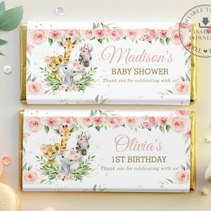 EDITABLE TEMPLATE, Jungle Animals Pink Greenery Floral Baby Shower 1st Birthday Chocolate Bar Wrappers Hershey Aldi Favor Printable Diy, JA6