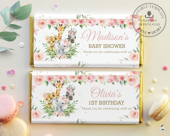 EDITABLE TEMPLATE, Jungle Animals Pink Greenery Floral Baby Shower 1st Birthday Chocolate Bar Wrappers Hershey Aldi Favor Printable Diy, JA6 Il_570xn