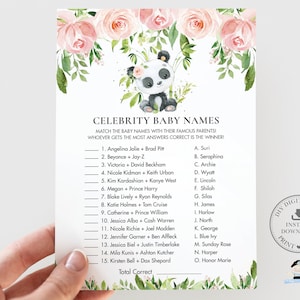 Celebrity Baby Namen Spel, INSTANT DOWNLOAD, Roze Bloemen Schattige Panda Beer Baby Shower Quiz Card Leuke Activiteit Diy PDF Afdrukbaar, PA2