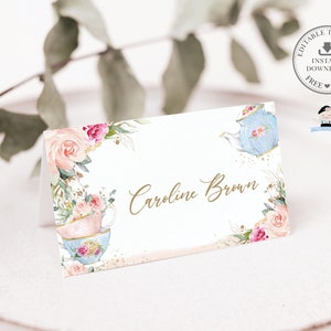 BEWERKBARE SJABLOON, Blush roze bloemen High Tea Party plaatskaart, theepot tent gevouwen gast verjaardag baby bruids douche afdrukbare, INSTANT TP5