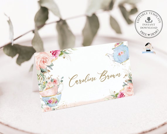 EDITABLE TEMPLATE, Blush Pink Floral High Tea Party Place Card, Teapot Tent Folded Guest Birthday Baby Bridal Shower Printable, INSTANT TP5 Il_570xn