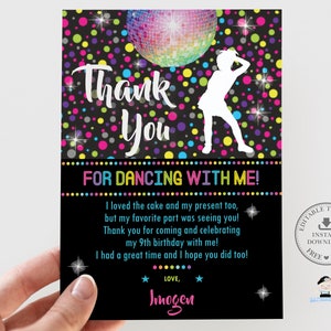Tarjeta de agradecimiento de fiesta disco, PLANTILLA EDITABLE Fiesta de baile Vibrante arco iris de neón colorido niños niña bola de discoteca imprimible, descarga instantánea DP2
